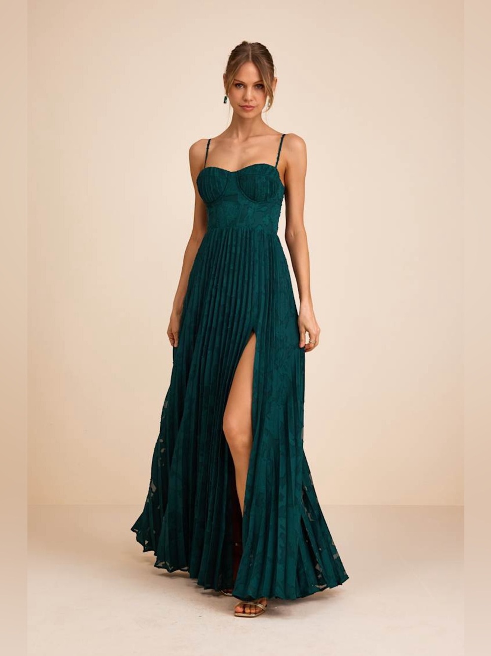 Lulus Dacie Emerald Floral Burnout Pleated Bustier Maxi Dress New with Tags Med